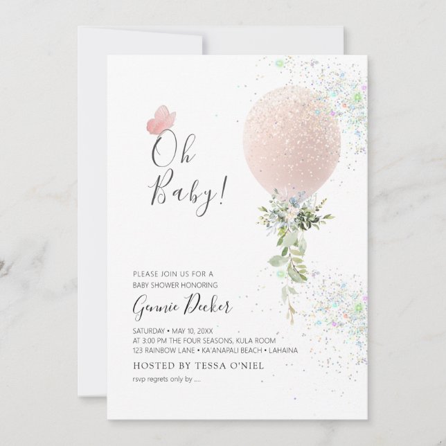 PixDezines Oh Baby Blush Balloon Baby Shower Einladung (Vorderseite)