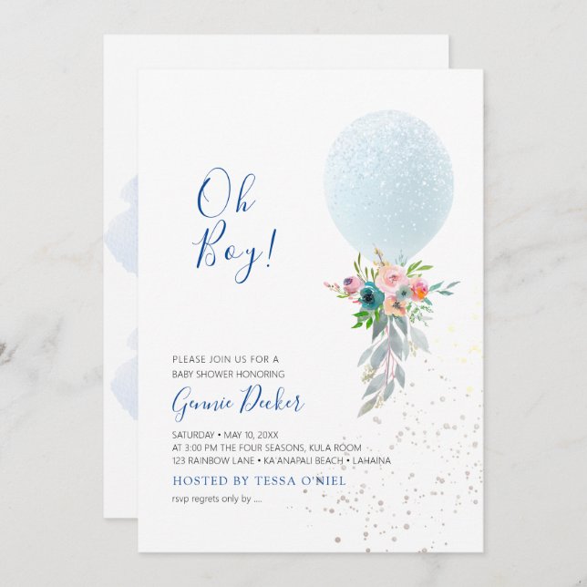 PixDezines Oh Boy Balloon Baby Shower Einladung (Vorne/Hinten)