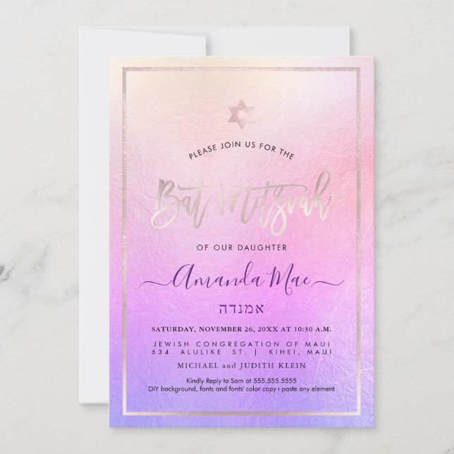 PixDezines Ombre Blush Pink+Violet Bat Mitzvah Einladung (Vorderseite)