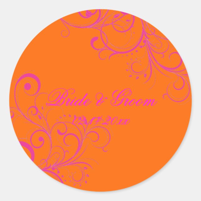 PixDezines Orange + Pink Wirbel Hochzeitsaufkleber Runder Aufkleber (Vorderseite)