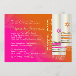 PixDezines Orange/Rosa Tallits B'not Mitzwa-Farbe Einladung