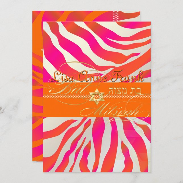 PixDezines Orange Zebra, Bat Mitzvah Einladung (Vorne/Hinten)