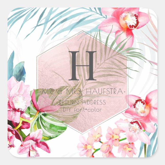 PixDezines Orchid Isle, Pink Orchid+Palms Quadratischer Aufkleber (Vorderseite)