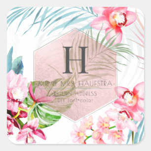 PixDezines Orchid Isle, Pink Orchid+Palms Quadratischer Aufkleber