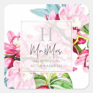 PixDezines Orchid Isle, Rosa Orchid+Ti Blätter Quadratischer Aufkleber