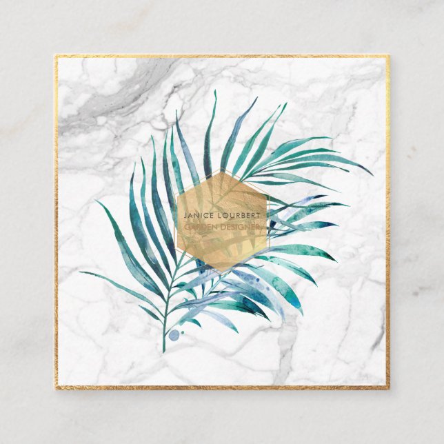 PixDezines PALM FRONDS, IMITATE GOLD+MARBLE Quadratische Visitenkarte (Vorderseite)