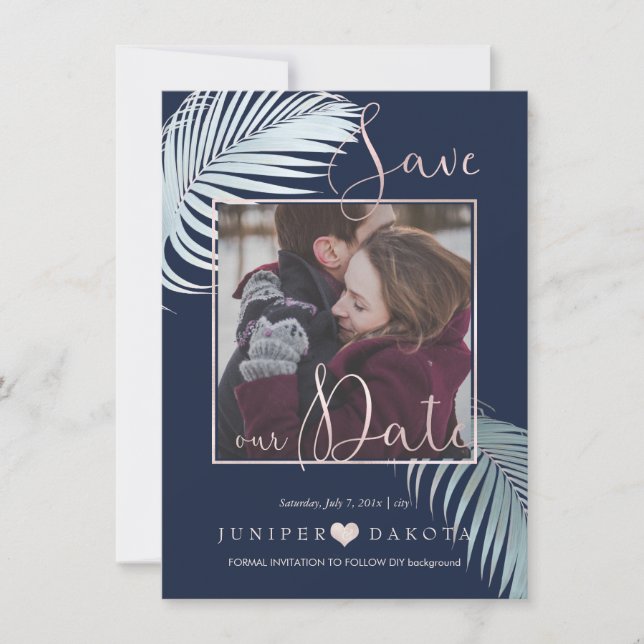 PixDezines PALM-FRONDS, SILVER BLAUE DIY HINTERGRU Save The Date (Vorderseite)