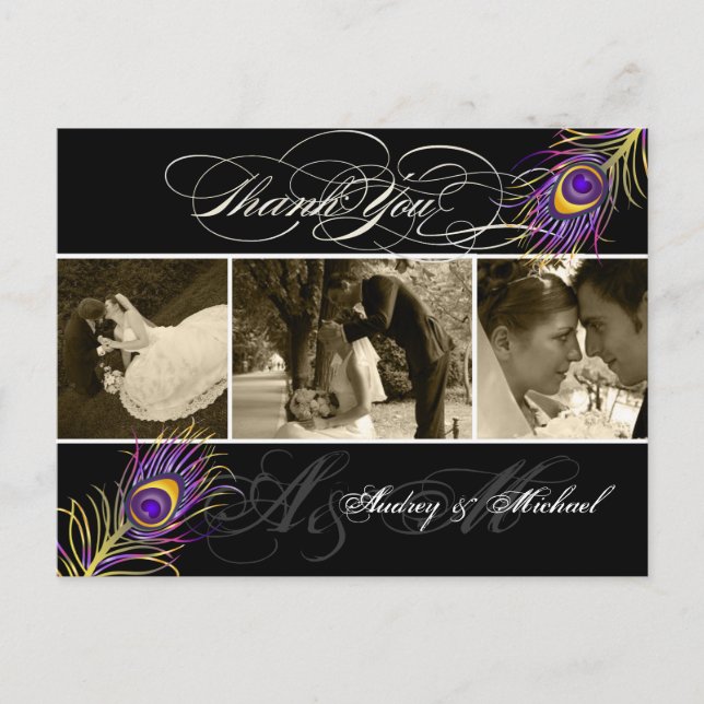 PixDezines Peacock Wedding Fotos Vielen Dank Postkarte (Vorderseite)