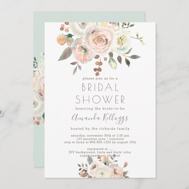 PixDezines Pfirsiche+Creme Brautparty Wasserfarbe Einladung (Vorne/Hinten)
