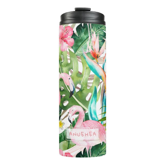 PixDezines Pink Flamingos+Tropical Foliage Thermosbecher (Vorderseite)
