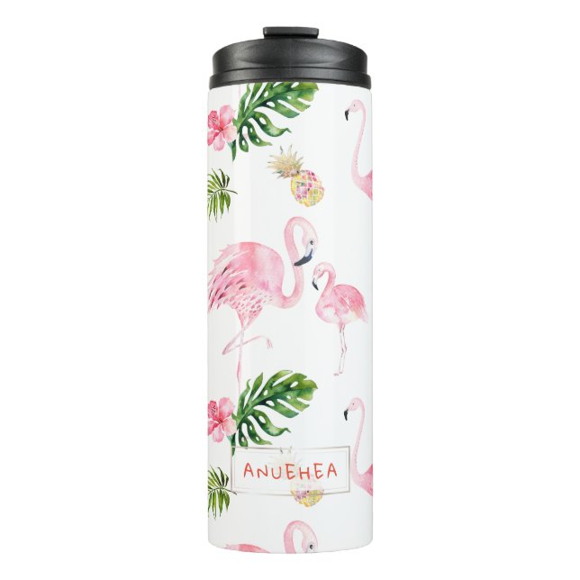 PixDezines Pink Flamingos+Tropical Foliage Thermosbecher (Vorderseite)