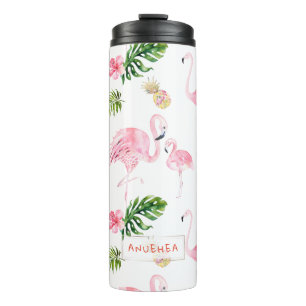 PixDezines Pink Flamingos+Tropischer Foliage Thermosbecher