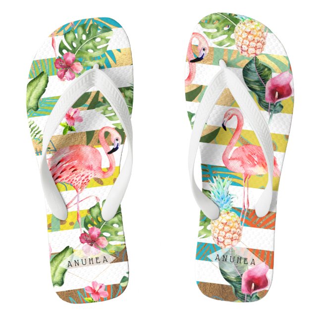 PixDezines PINK FLAMINGOS, TROPISCHES THEMA Flip Flops (Fußbett)
