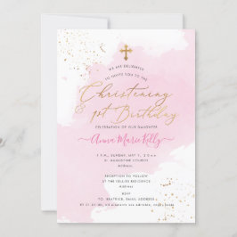 PixDezines Pink H2 Christening+1. Geburtstag Einladung