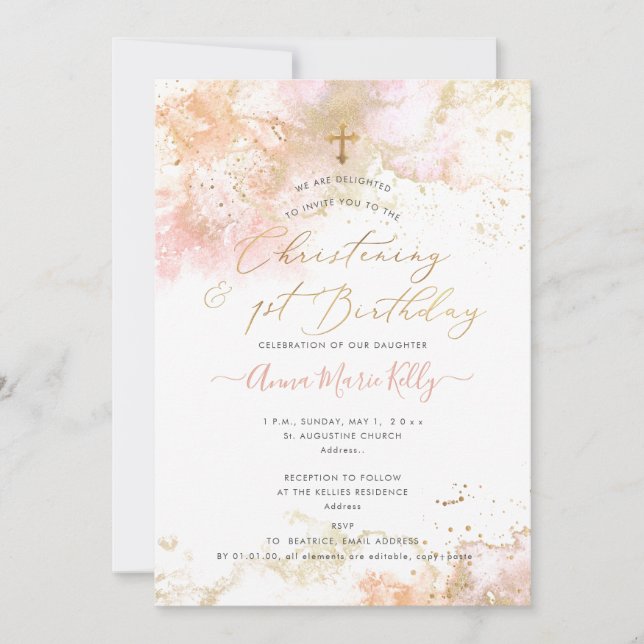 PixDezines Pink H2 Christening+1. Geburtstag Invit Einladung (Vorderseite)