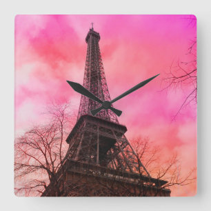PixDezines pink paris/eiffel tower Quadratische Wanduhr