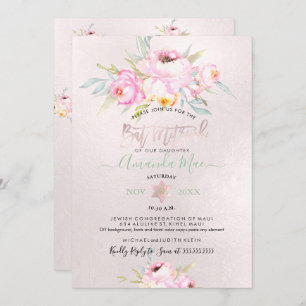 PixDezines Pink Peonies Watercolor Bat Mitzvah Einladung