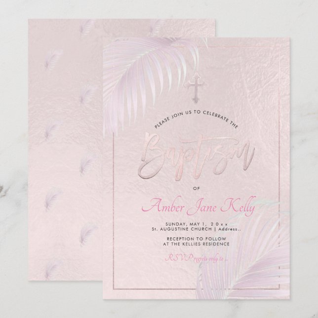 PixDezines Pink Silver Palms Taufe Einladung (Vorne/Hinten)