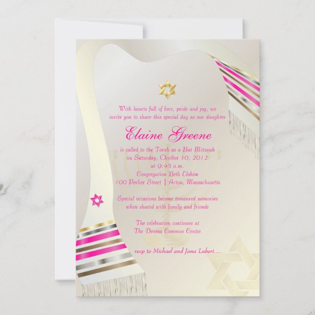 PixDezines Pink Tallit/Bat Mitzvah Einladung (Vorderseite)