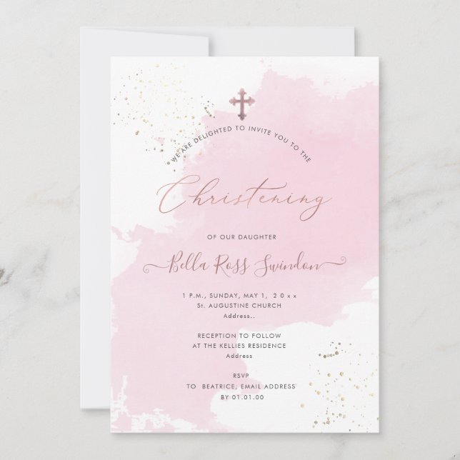 PixDezines Pink Watercolor Swatch Christening Einladung (Vorderseite)