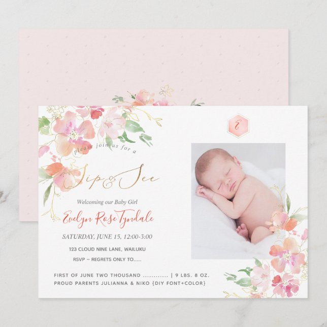 PixDezines Platterbsen Wasserfarbenblush Sip+See Einladung (Vorne/Hinten)