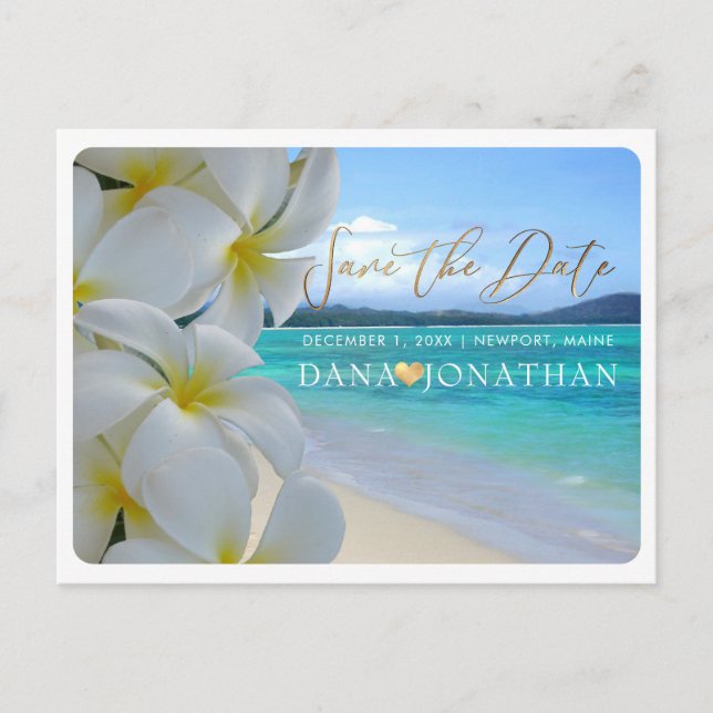PixDezines Plumeria+Beach Save the Date Postkarte (Vorderseite)