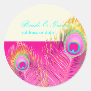 PixDezines Psychedelic Peacock feather/hot pink Runder Aufkleber