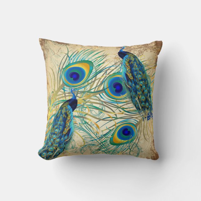 PixDezines Psychedelic Pfau/Vintager Hintergrund Kissen (Vorderseite)