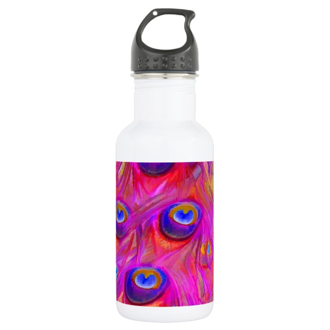 PixDezines Psychedelic Pink Pfauenfeder Trinkflasche (Vorderseite)