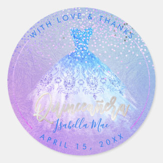 PixDezines Quinceanera Aqua+Violet Gown Runder Aufkleber