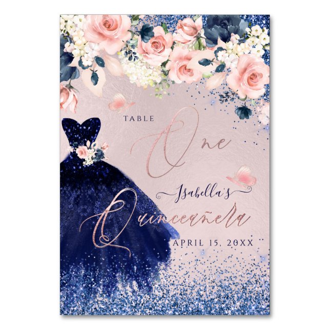 PixDezines Quinceanera Blush Navy Glitzer Gown DIY Tischnummer (Vorderseite)