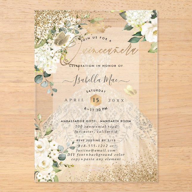 PixDezines Quinceanera Champagne Gold Glitter Gown Acryleinladungen (Vorderseite)