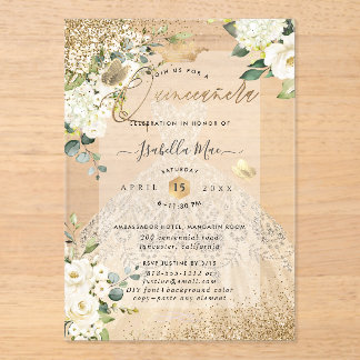 PixDezines Quinceanera Champagner-Gold Glitter-Kle Acryleinladungen