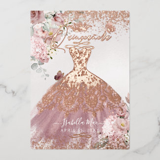 PixDezines Quinceanera Dusty Rose Gold Gown Folieneinladung