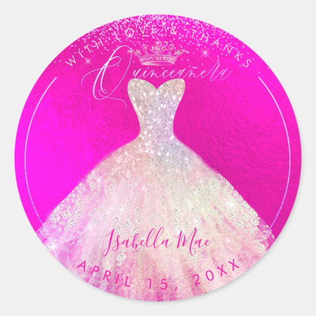 PixDezines Quinceanera Flashy Pink+Sparkle Blush Runder Aufkleber (Vorderseite)