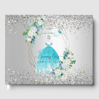 PixDezines Quinceanera H2 Blume Aqua Blau Kleid Gästebuch