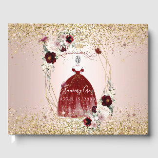 PixDezines Quinceanera H2 Blume Burgundy Kleid Gästebuch