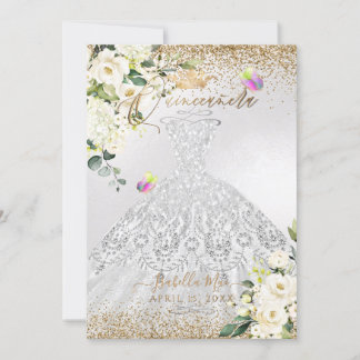 PixDezines Quinceanera Silver Dress Gold Glitzer  Einladung