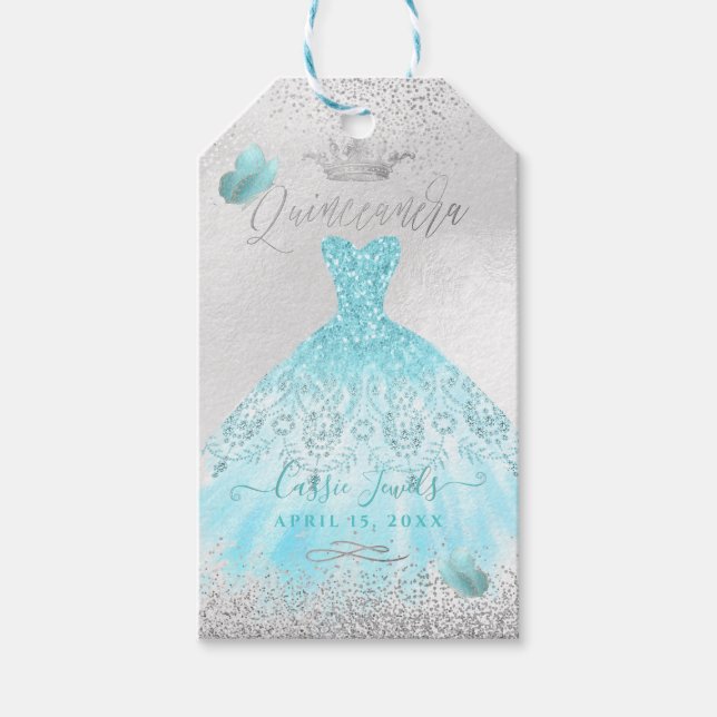 PixDezines Quinceanera Sparkle Blue Ombre Gown Geschenkanhänger (Vorderseite)
