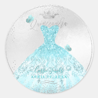 PixDezines Quinceanera Sparkle Blue Ombre Gown Runder Aufkleber