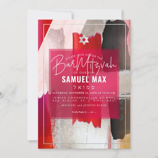 PixDezines Red Black Watercolor Bar Mitzvah Einladung (Vorderseite)