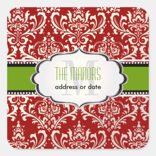 PixDezines Red+White Rossi Damask/Weihnachten Quadratischer Aufkleber