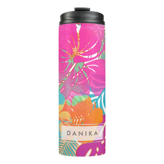 PixDezines Regenwald/Hibiskus/Orange/Gelb/Blau Thermosbecher (Vorderseite)