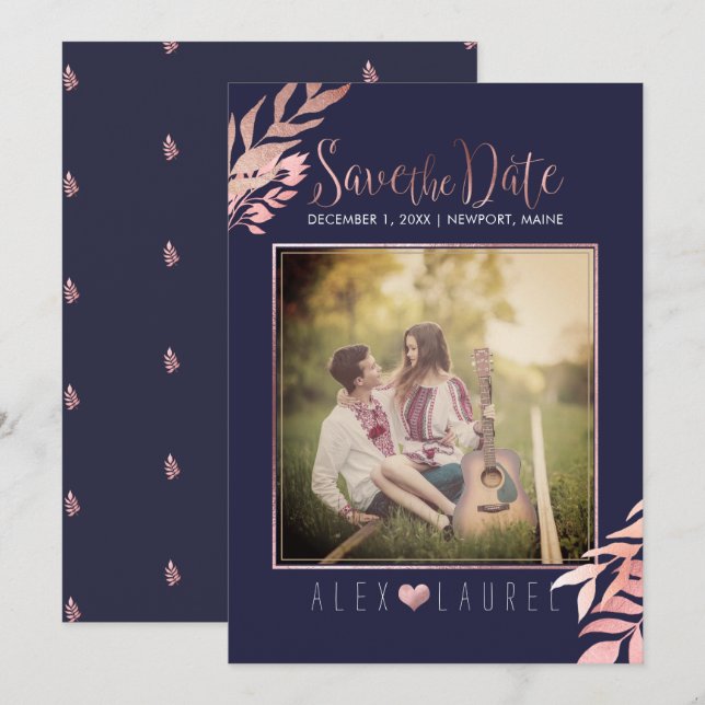 PixDezines Rettete Datum/Imitate Rose Gold Foliage Einladung (Vorne/Hinten)