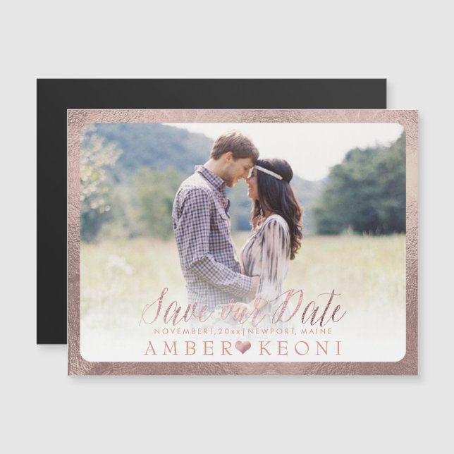 PixDezines Rettete unsere Datums-/Imitats-Rose Gol Magneteinladung (Vorne/Hinten)