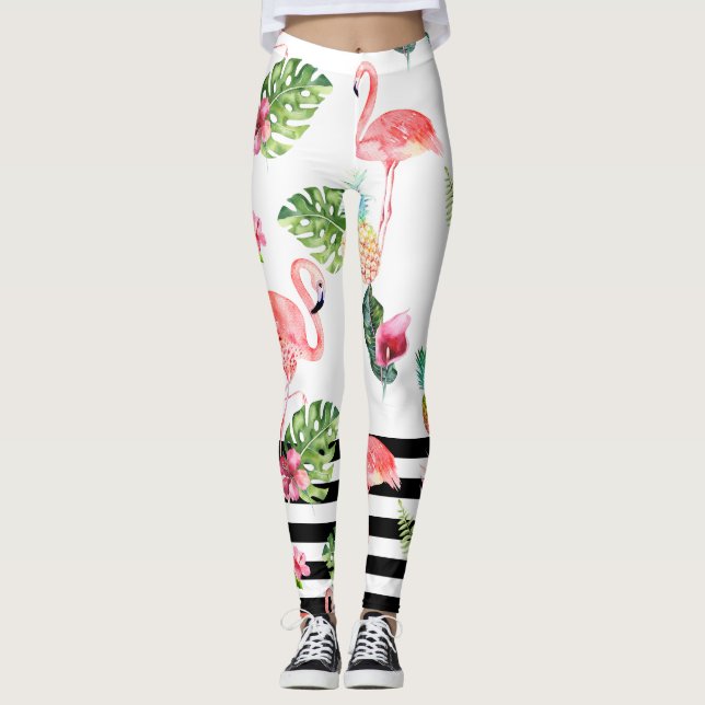 PixDezines rosa Flamingos+einstellbare schwarze St Leggings (Vorderseite)