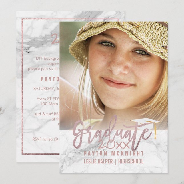 PixDezines Rose Abschluss Gold/Marmor Einladung (Vorne/Hinten)