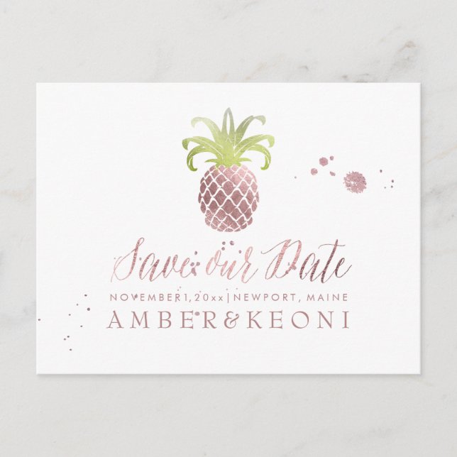 PixDezines Rose Gold/Ananas/Rett unseres Datums Ankündigungspostkarte (Vorderseite)