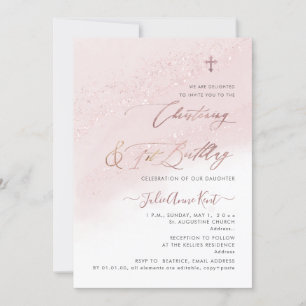 PixDezines Rose Gold Christening+1. Geburtstag Einladung