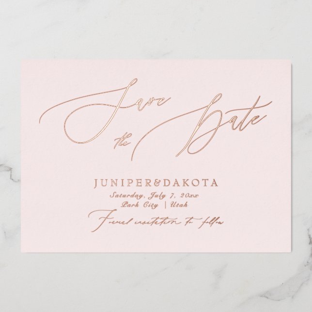 PixDezines Rose Gold Luxe Skript Save the Date Folieneinladung (Vorderseite)